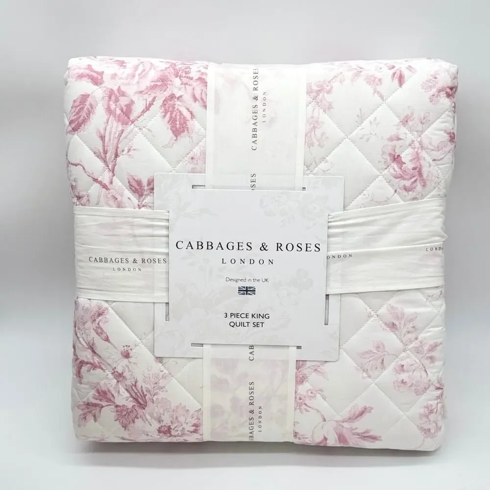 Cabbages & Roses Alderney Pink Floral Toile KING Quilt Bedding 3pc Set Raspberry